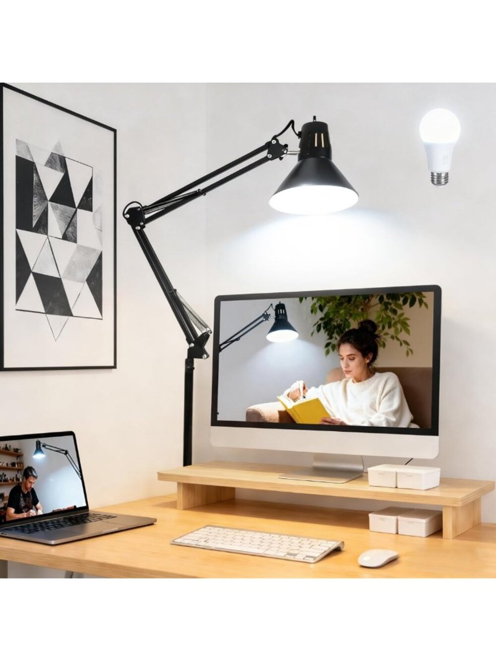 Adjustable Black Desk Lamp with Clamp, Extra-Tall Metal Swing Arm, 5000K Light